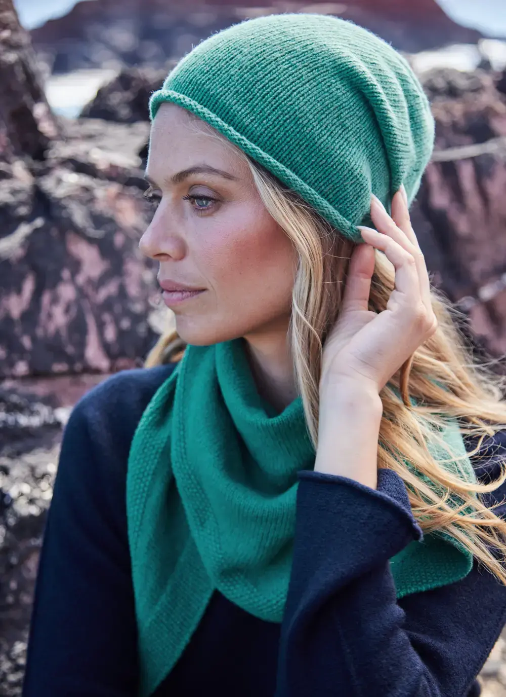 Fisherman Lambswool Slouchy Beanie in Jade
